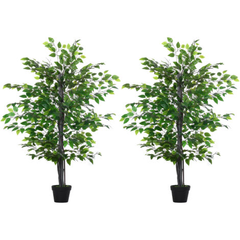 Outsunny pack de 2 plantas artificiales ficus artificiales de 145 cm con 756 hojas y maceta para decoración interior verde