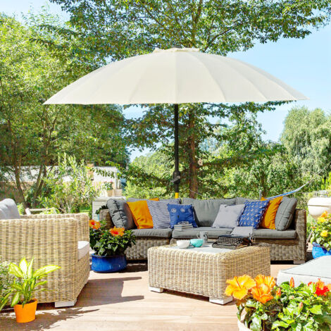 Outsunny Parasol droit parasol de jardin inclinable rond avec 18 baleines manivelle mât en métal fibre de verre Ø 2.5 m polyester haute densité beige