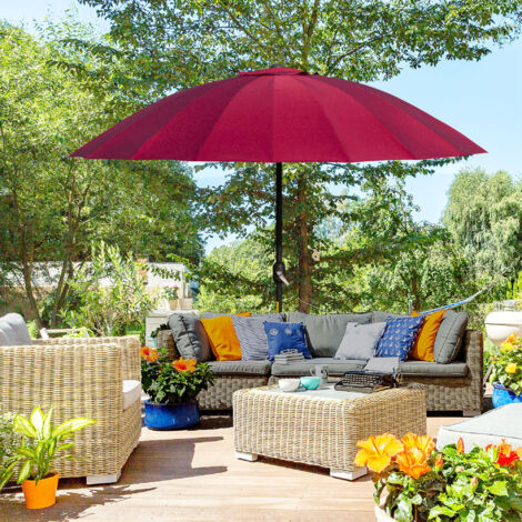 Outsunny Parasol droit parasol de jardin inclinable rond avec 18 baleines manivelle mât en métal fibre de verre Ø 2.5m polyester haute densité rouge vineux