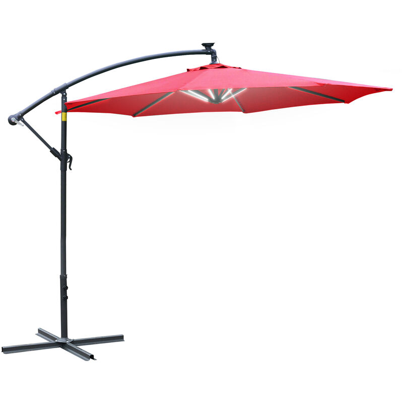 Outsunny 3m LED Patio Banana Umbrella Cantilever Parasol w/ Crank Cross Base Hanging Offset Umbrella Frame Steel Aluminium Garden Table Outdoor Red