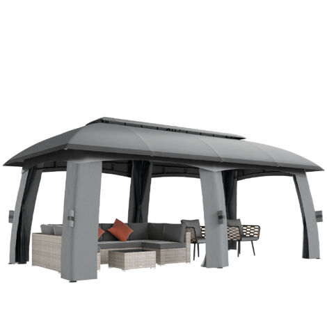Outsunny Pavillon, 3 x 6 m Partyzelt mit Doppeldach, Gartenpavillon, Bierzelt mit Fliegennetzen, bis 15 Personen, für Hof, Verzinkter Metall, Dunkelgrau