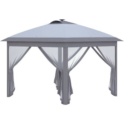 Outsunny Pavillon 3,3 x 3,3 m Faltpavillon mit LED, USB-Ladeanschluss Pop-Up-Pavillon mit Mesh-Seitenwände Gartenpavillon mit Sonnenschutz inkl. Tasche Oxford Grau
