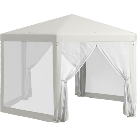 Outsunny Pavillon 4x3m Sechseckig Wasserabweisend Stabil Winterfest Pavillon mit Moskitonetz Partyzelt Gartenzelt mit 6 Seitenteilen Gartenpavillon für Camping Garten, Creme