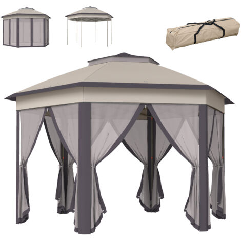 Outsunny Pavillon 4x4m Wasserdicht Pop-up sechseckiger Faltpavillon, Doppeldach, Gartenpavillon mit 6 Seitenteilen, Partyzelt inkl. Tragetasche, für Garten, Terrasse, Festival, Kaffee+Beige