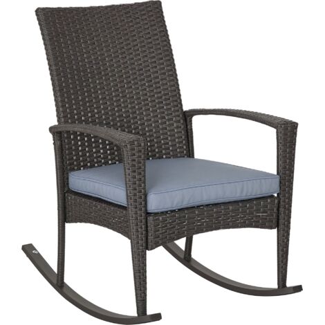 Outsunny PE Rattan Garden Rocking Chair, Outdoor Rocking with Cushion, 160 KG Capacity Wicker Garden Armchair Rocker with Metal Frame for Patio, Porch, Balcony, Grey