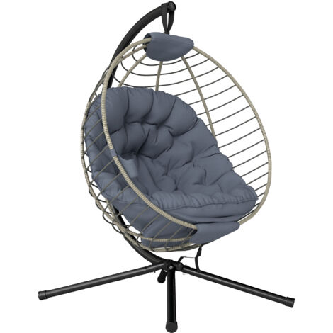 Outsunny PE Rattan Swing Chair, Outdoor Hanging Chair with Metal Stand, Thick Padded Cushion, Foldable Basket and Cup Holder, for Indoor and Outdoor, Grey