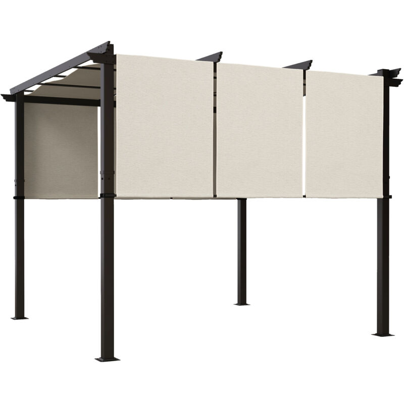 Outsunny - Pergola 3 toiles coulissantes - dim. 2,97L x 2,97l x 2,38H m - acier époxy polyester haute densité beige