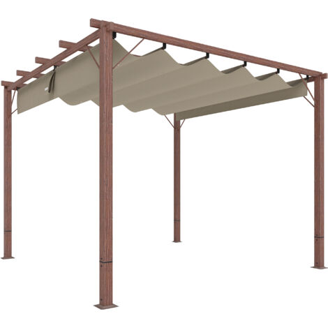 Outsunny Pergola ca. 3x3m Garten Pavillon mit Magnetbefestigung, Terrassendachung aus Aluminium, Gartenpavillon mit verstellbares Dach, Freistehend, UV Schutz 30+, für Terrasse und Garten, Naturholz