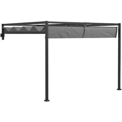 Outsunny pérgola de pared 297x211x220 cm cenador de jardín con techo retráctil y marco de acero refugio para patio terraza exterior gris oscuro