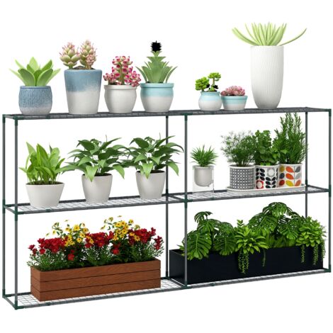 Outsunny Pflanzenregal, Blumenregal Pflanzentreppe mit 3 Stufen, Pflanzenständer, Blumenständer für Garten, Balkon, Stahl, Dunkelgrün, 222 x 30 x 114 cm