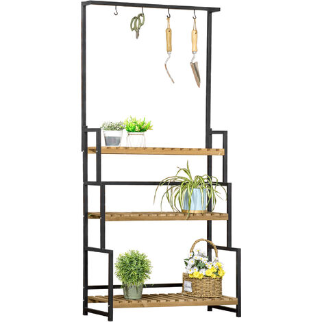 Outsunny Pflanzenregal mit 3 Ebenen und Befestigungshaken, Blumentreppe aus Naturholz, 80 cm x 36 cm x 174 cm, Natur - Schwarz+Natur