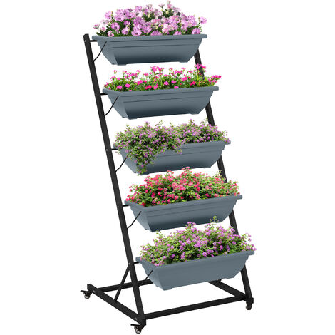 Outsunny Pflanzenständer, Blumenständer mit 5 Etagen, Pflanzenregal mit Rollen, Blumenregal mit Löchern Pflanzentreppe für Garten, Stahl, Grau, 65 x 67 x 145 cm