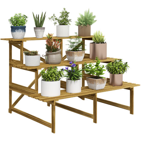 Outsunny Pflanzentreppe, Blumentreppe, Blumenregal, Pflanzregal, Blumenständer, 3 Stufen, Tannenholz, 120 x 80 x 78cm