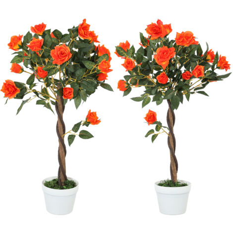Outsunny Pianta Artificiale di Rosa da 21 Fiori Ø18x90 cm Arancione con Vaso