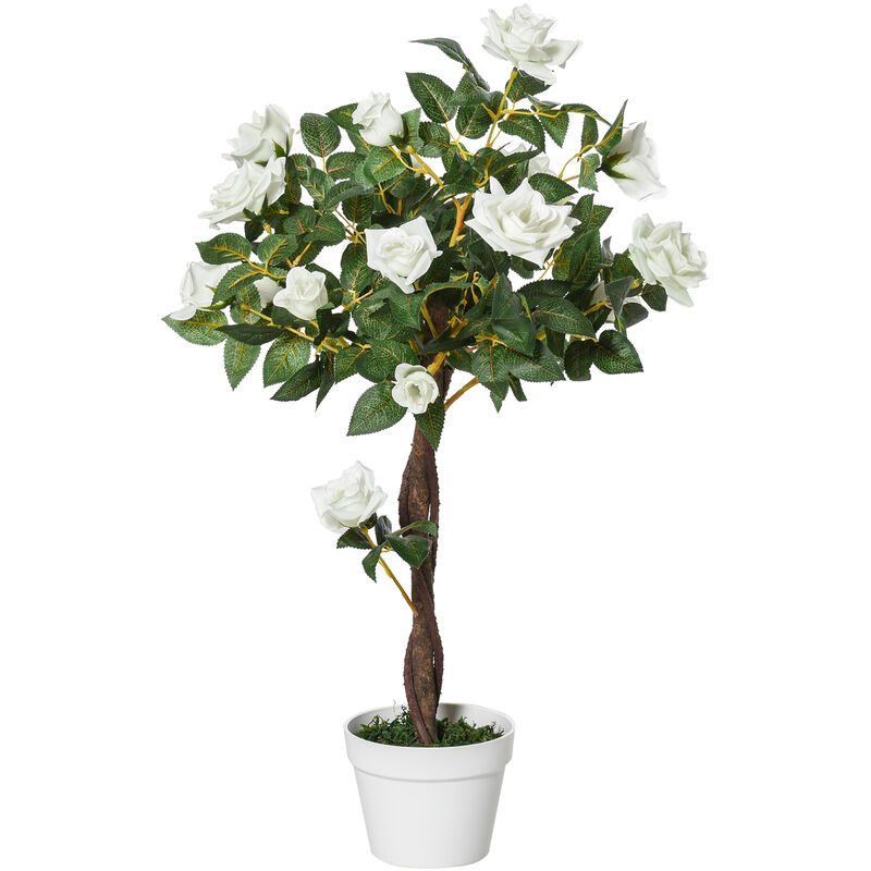 

Planta Artificial 90 cm Rosa Blanca con 21 Flores y 350 Hojas Maceta de Cemento - Blanco, Verde