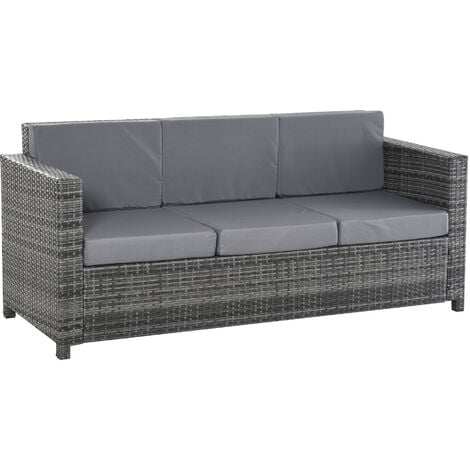Outsunny Poly-Rattan Sofa mit Kissen 3-Sitzer Garten Loungesofa Metall Polyester Grau 185 x 70 x 80 cm - grau