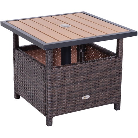 Outsunny Polyrattan Beistelltisch Gartentisch Terrassentisch Schirmständer für Sonnenschirm inkl. Sandsack Braun 55,5 x 55,5 x 46 cm
