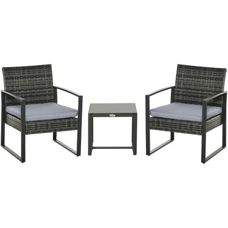 Outsunny Polyrattan Gartenmöbel Set, Outdoor Balkonmöbel für 2 Personen, 3-teilig Sitzgruppe mit 2 Stühle, Tisch Sitzkissen, wetterfest Gartenmöbel für Garten, Terrasse Balkon, Grau