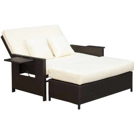 Outsunny Polyrattan Lounge-Sofa Zweisitzer-Gartensofa mit Liegefunktion, Gartenliege in Rattanoptik, ausfahrbare Fußbank mit Stauraum, mit Sitzkissen, Braun+Creme, 130 x 72 x 96 cm