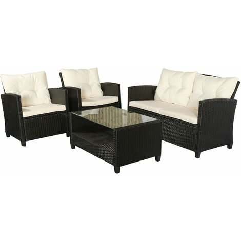 Outsunny Polyrattan Sitzgarnitur 4 tlg. Sitzgruppe Gartenset Sofagarnitur Gartenmöbel Set Lounge Metall Luxus Schwarz - Schwarz+Cremeweiß
