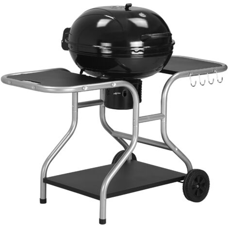 Outsunny Portable Charcoal Kettle Grill Outdoor Barbecue Trolley BBQ Heat Smoker Grilling with 2 Wheels, Storage Shelf and 4 Hooks, Free Standing, Black