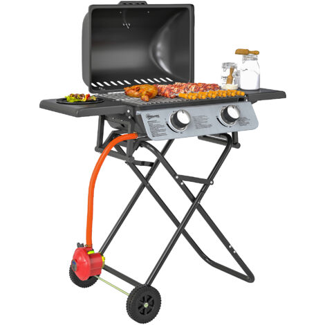 Outsunny Portable Foldable Gas Barbecue Grill with Thermometer, Lid, Black