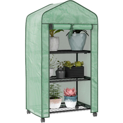 Outsunny Portable Mini Greenhouse with Roll-up Door and Wheels, Green