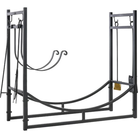 Outsunny Portalegna da Interno ed Esterno in Metallo con Paletta, Scopa, Attizzatoio e Pinza, Nero, 84x33x76cm