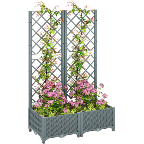 Outsunny Raised Garden Bed with Trellis, Plastic Planter Box with Drainage Holes, Drain Plugs and Water Reservoirs for Climbing Plants, Vegetables, Flowers, Grey