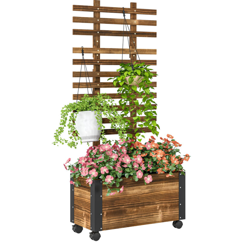 Outsunny Raised Garden Bed, Wooden Planter with Trellis and Wheels