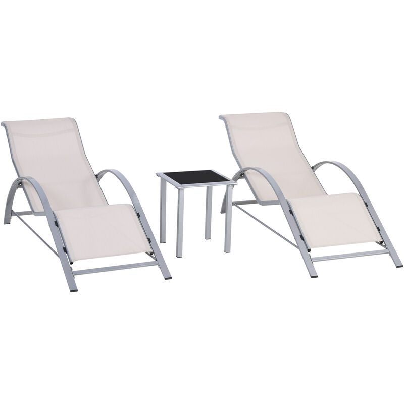 Rattan 3 Pieces Lounge Chair Set Garden Outdoor Recliner Sunbathing Chair with Table, Cream - Outsunny