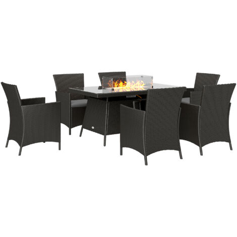 Outsunny Rattan Dining Set with Fire Pit Table and Armchairs, Black