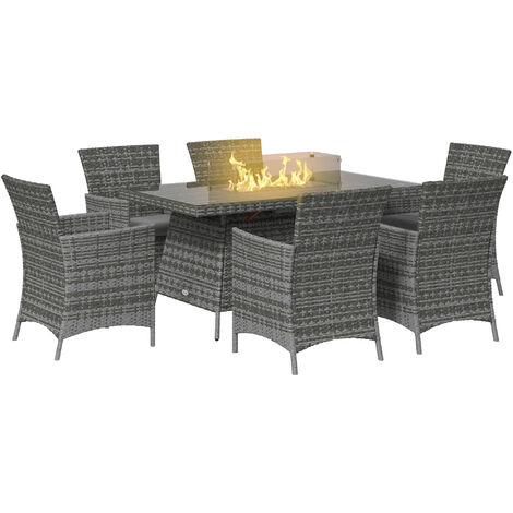 Outsunny Rattan Dining Set with Fire Pit Table and Armchairs, Grey
