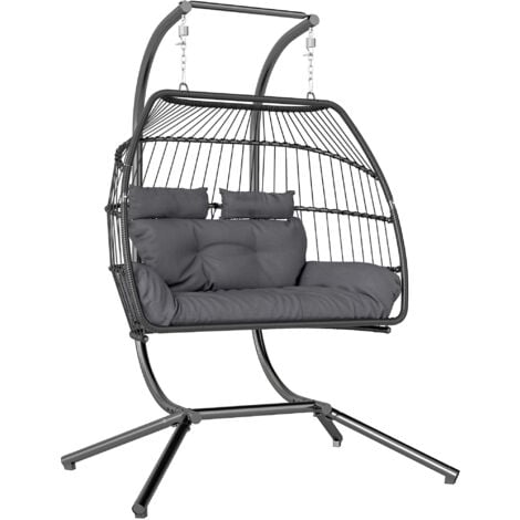 Outsunny Rattan Double Hanging Egg Chair with Stand, Cushion, Dark Grey