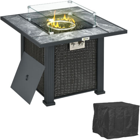 Outsunny Rattan Fire Pit Table with Rain Cover and Windscreen, 50,000 BTU