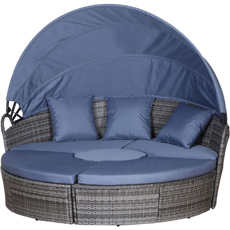 Outsunny Rattan Garden Daybed Sun Lounger Sofa Set w/ Canopy Grey