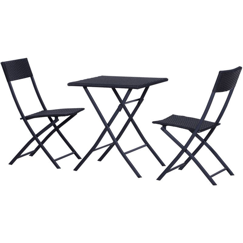 Rattan Garden Furniture Coffee Set 2 Wicker Weave Folding Chairs and 1 Square Table (Black) - Outsunny