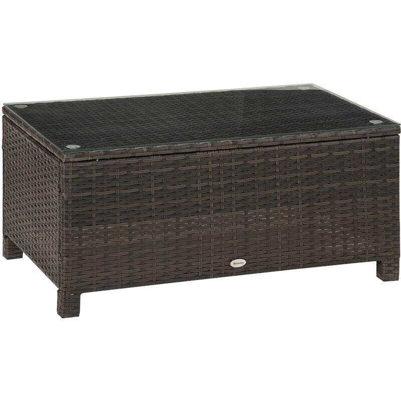 Rattan Coffee Table Patio Metal Frame Tempered Glass - Brown - Outsunny