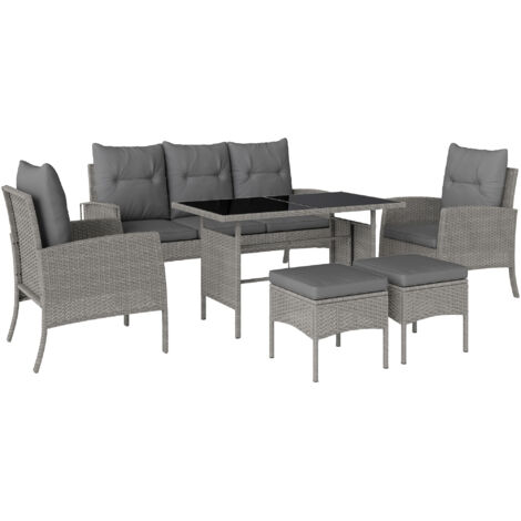 Outsunny Rattan Garden Furniture Sofa Set, 2 Armchairs 2 Footstools Table Light Grey