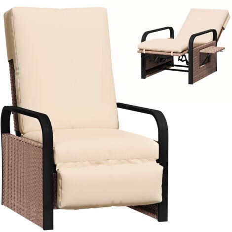 Outsunny Rattan Garden Recliner Chair Sun Lounger w/ Side Tray, Brown/Khaki