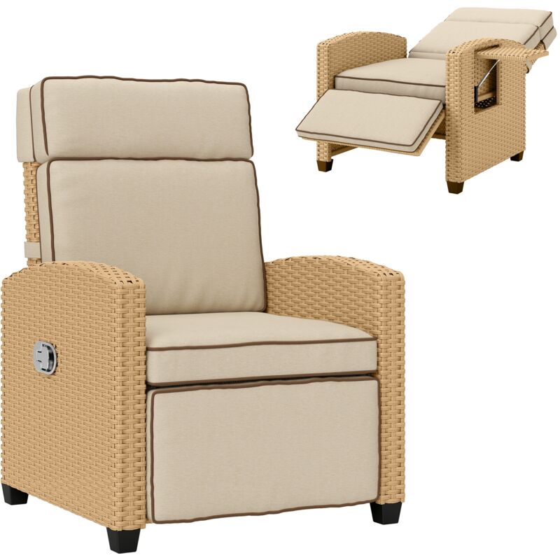 Outsunny Rattan Garden Recliner Sun Lounger w/ Flip Table, Khaki/Beige