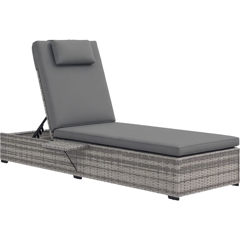 Outsunny Rattan Lounger w/ Cushion, 5-Level Reclining Rattan Sun Lounger, Grey
