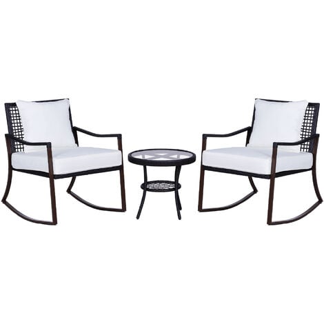 Outsunny Rattan Schaukelstuhl Set 3 TLG. Gartenmöbel mit Beistelltisch Schaukelstühlen Kissen Polsterauflage Balkonmöbel-Set für 2 Personen Sitzgruppe Outdoor Gartengarnitur für Garten Balkon Braun