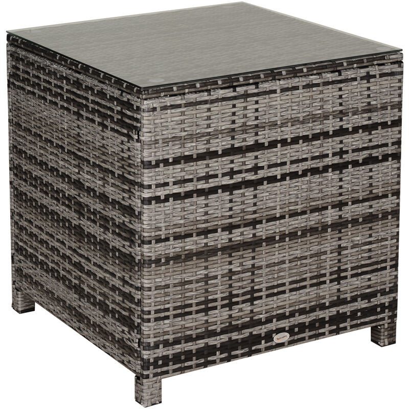 Rattan Side Table w/ Glass Top Metal Frame Outdoor 68x64cm Mixed Grey - Outsunny