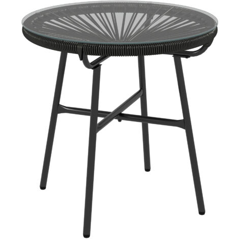 Outsunny Rattan Side Table w/ Tempered Glass Tabletop, Black