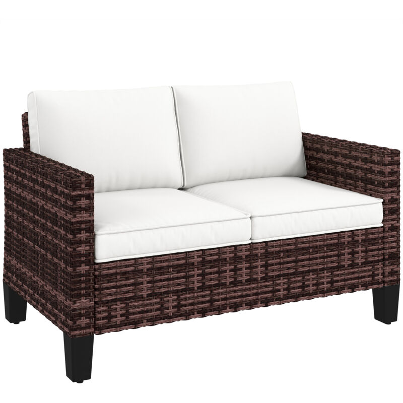 Outsunny - Rattan Sofa with Cushions, 2 Seater Garden Furniture, Brown