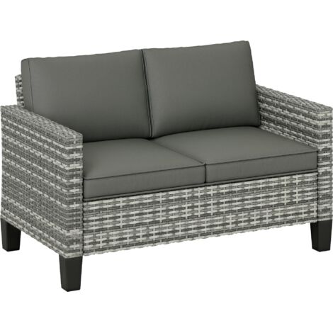 Outsunny Rattan Sofa with Cushions, 2 Seater Garden Furniture, Light Grey