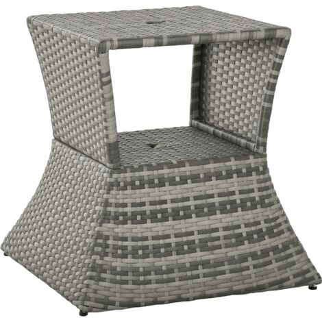 Outsunny Rattan Wicker Tea Coffee Table w/ Umbrella Hole Storage Space Grey
