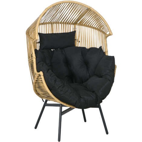 Outsunny Rattansessel, Rattan Korbsessel mit dickem Sitzkissen, Gartensessel in Eiform, 120 kg belastbar, für Terrasse, Garten, Sand