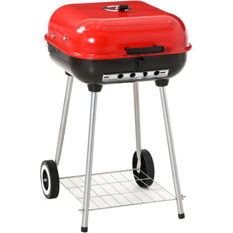 Outsunny Red Charcoal Trolley BBQ Garden Barbecue Cooker Grill Wheel